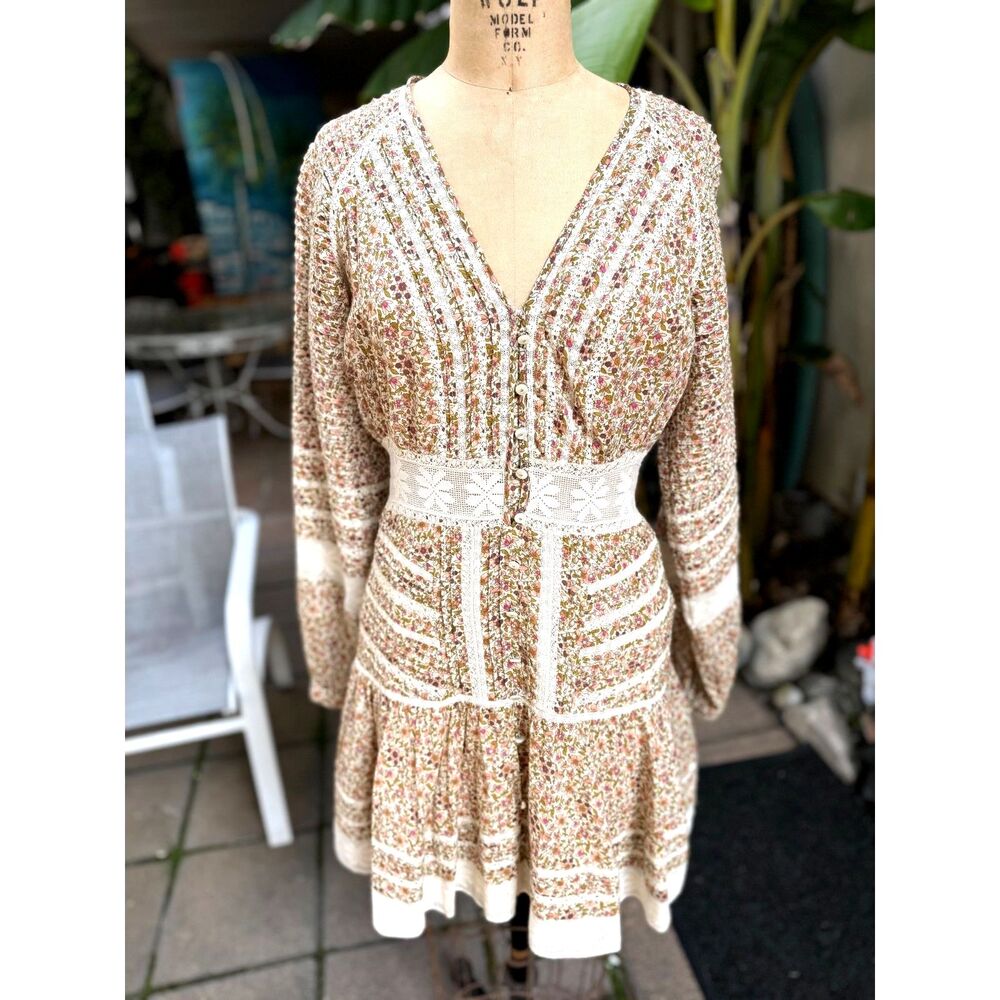 Veronica Beard Addilyn Cotton Floral Print Fitted LS Crochet Trim Dress Size 6